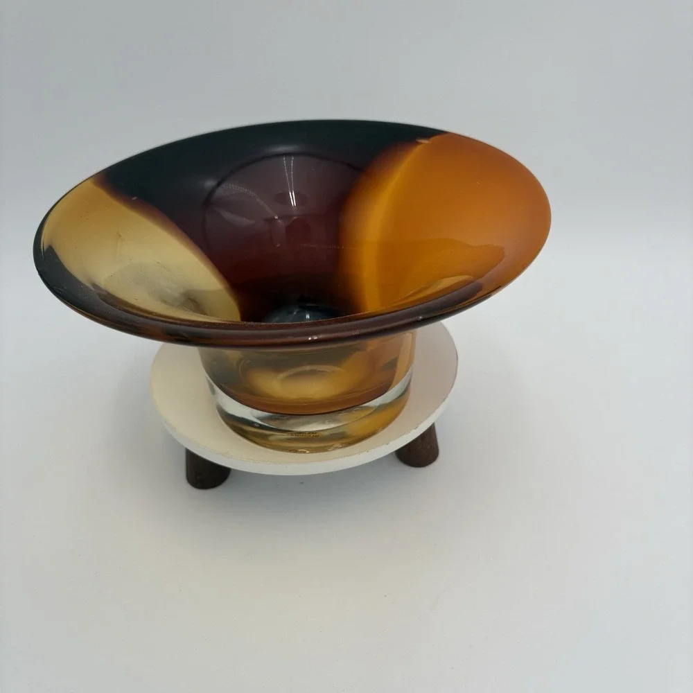 Vintage 1970s Teleflora Tri-color‎ Orange Amber Purple Handblown Glass Bowl Vase